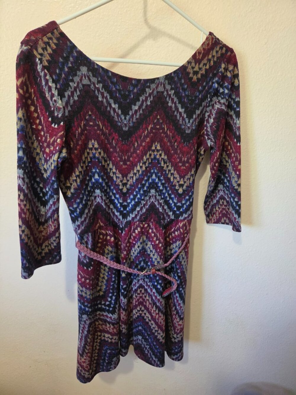 Lily Rose Burgundy, Blue, and Gray Geometric Pattern Dress